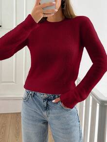 SHEIN Tall Áo len trơn màu giản dị họa tiết vải bông mềm mại dành cho nữ - Màu Đỏ Sâu - Xem 4