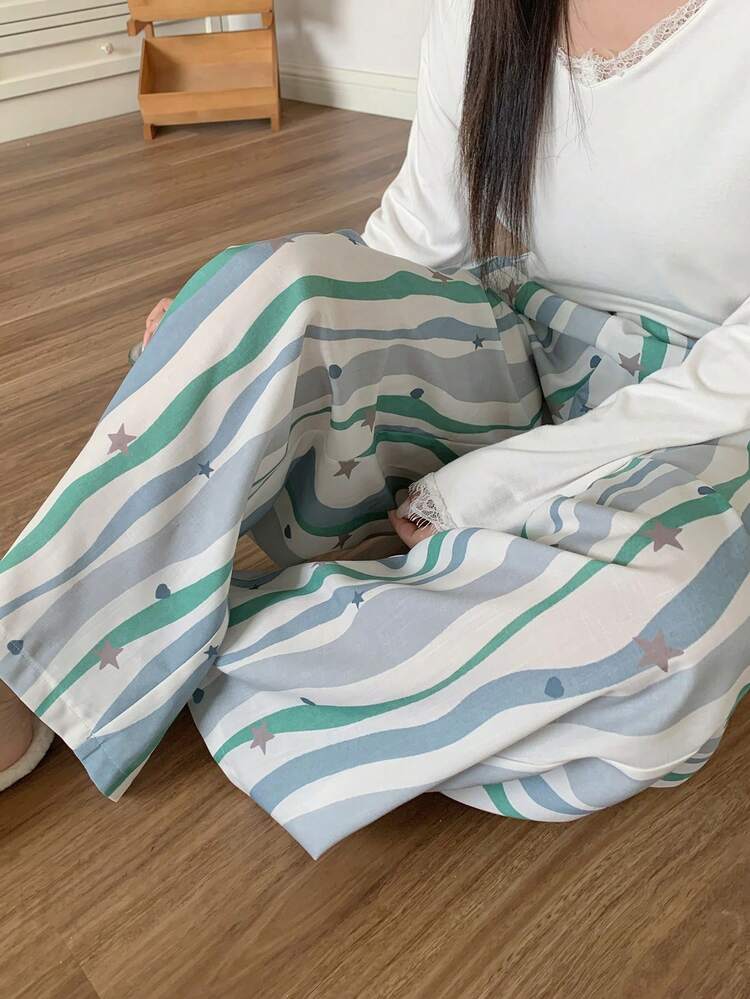 Dazy Plus Plus Size Women Elastic Waist Loose Straight Leg Striped & Star Pattern Sleep Pants, Loungewear, For Fall & Winter