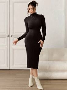 Modelyn 女式纯色简约长袖毛衣裙，休闲日常穿着 - 咖啡棕 - 查看 4