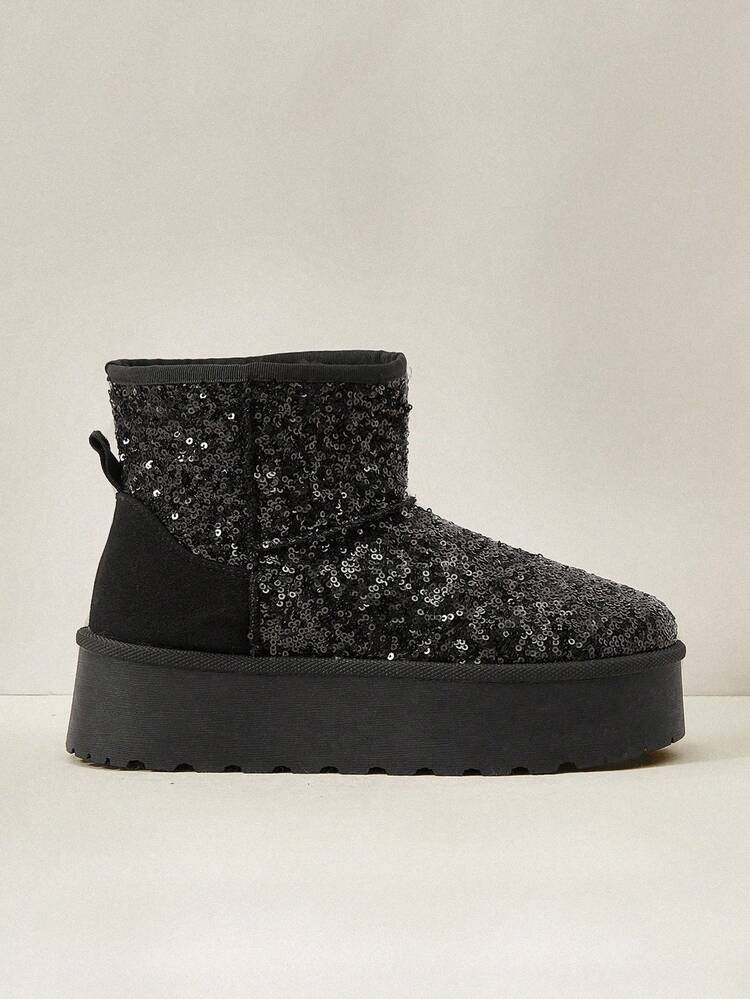 Women's Autumn/Winter Thick Warm Sequin Shiny Party Patchwork Round Toe Platform Anti-Slip Fashion Versatile Fairy Style Black Boots Snow Boots For Commuting & Outdoor For Christmas