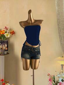 Attitoon Navy Blue Women's Casual Drawstring Tie-Front Cropped Camisole Top - Navy Blue - View 5