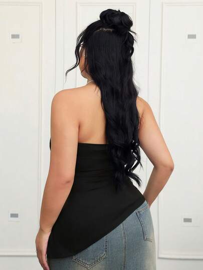 CovetEZ Plus Size Black Pleated Slit Strapless Knit Stretch Top