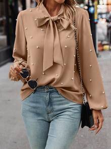 EMERY ROSE Women's Faux Pearl Tie Neck Elegant Long Sleeve Blouse - Mocha Brown - View 5