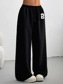 SHEIN 休闲宽松前系带运动裤，适合日常穿着和返校季、秋冬季 - 黑色 - 查看 5