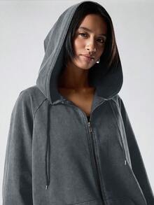 SHEIN EZwear Plus Size Vintage Distressed Cotton Hoodie Jacket,Fall Clothes For Women