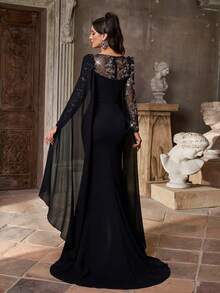 Aureia Elegant Luxurious Floral Patchwork Elastic Knit Chiffon Sheer Sleeve Fishtail Slit Dress,Suitable For Weddings,Events,Parties,Galas,Formal Occasions - Black - View 4