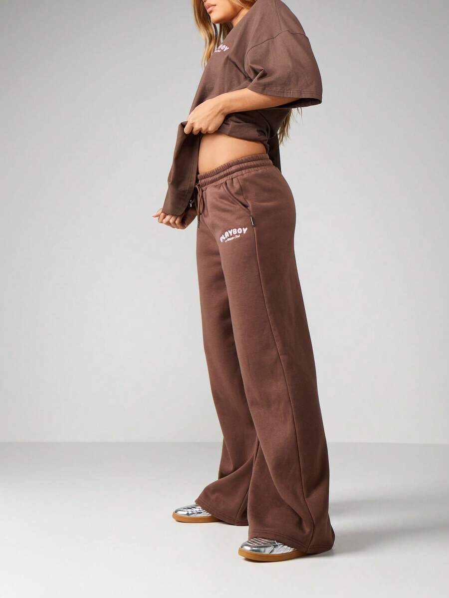Missguided x Playboy 阔腿抽绳运动裤，带徽标印花，适合休闲家居服 - 咖啡棕 - 查看 1