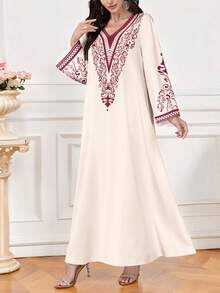 Al Najma Women's Floral & Geometric Print V-Neck Long Sleeve Elegant Arabic Style Maxi Dress, Spring/Autumn - Multicolor - View 3