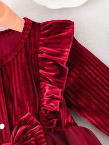 SHEIN 婴幼儿女童酒红色天鹅绒荷叶边领蝴蝶结薄纱长袖连衣裙，可爱优雅，适合休闲、节日、派对 - 酒紅色 - 查看 5