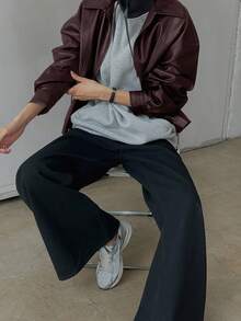 DAZY 翻领拉链宽松休闲摩托车皮夹克，长袖外套女式大衣 - 紅色 - 查看 4