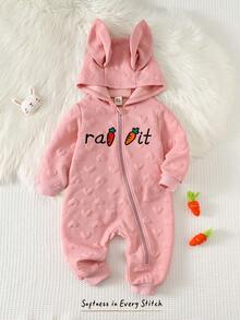 Cozy Pixies Áo liền quần dài tay có mũ trùm đầu bằng vải dệt họa tiết hình thỏ, cà rốt và trái tim dành cho bé gái sơ sinh/trẻ nhỏ - Hồng - Xem 3