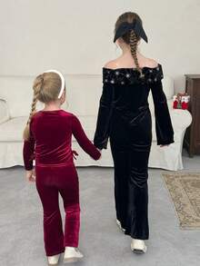 LMoss Kids LMoss   2pcs Young Girl Solid Color Round Neck Pleated Casual T-Shirt And Flared Pants Set,Girl Velvet Set,Christmas,Styles Confortables D'automne&Hiver,Gemütliche Herbst- & Winterstile,Cozy Fall & Winter Styles