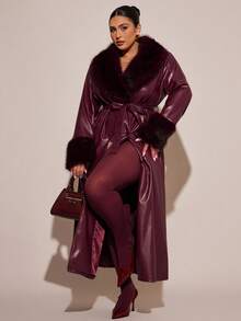 SHEIN BAE Women's Fashionable Long Leather Jacket For Commuting, Autumn/Winter Burgundy - Burgundy - View 6