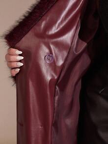SHEIN BAE Women's Fashionable Long Leather Jacket For Commuting, Autumn/Winter Burgundy - Burgundy - View 9