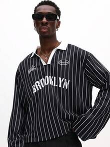 SUMWON Brooklyn 条纹长袖 Polo 衫，白色领子细节，休闲款 - 黑色 - 查看 4