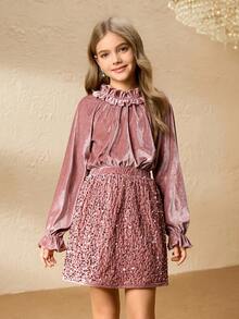 2pcs Girls Pink Velvet Top & Fitted Skirt Set, Sequin Design Suitable For Party, Prom, Graduation, Birthday, Christmas - Pink - View 7
