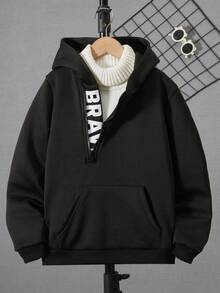 SHEIN 青少年男孩斜拉链字母印花卫衣 - 黑色 - 查看 6