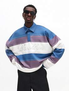 SUMWON Men's Regular Fit Horizontal Striped Rugby Polo With Embroidered Brooklyn Script Casual - Multicolor - View 1