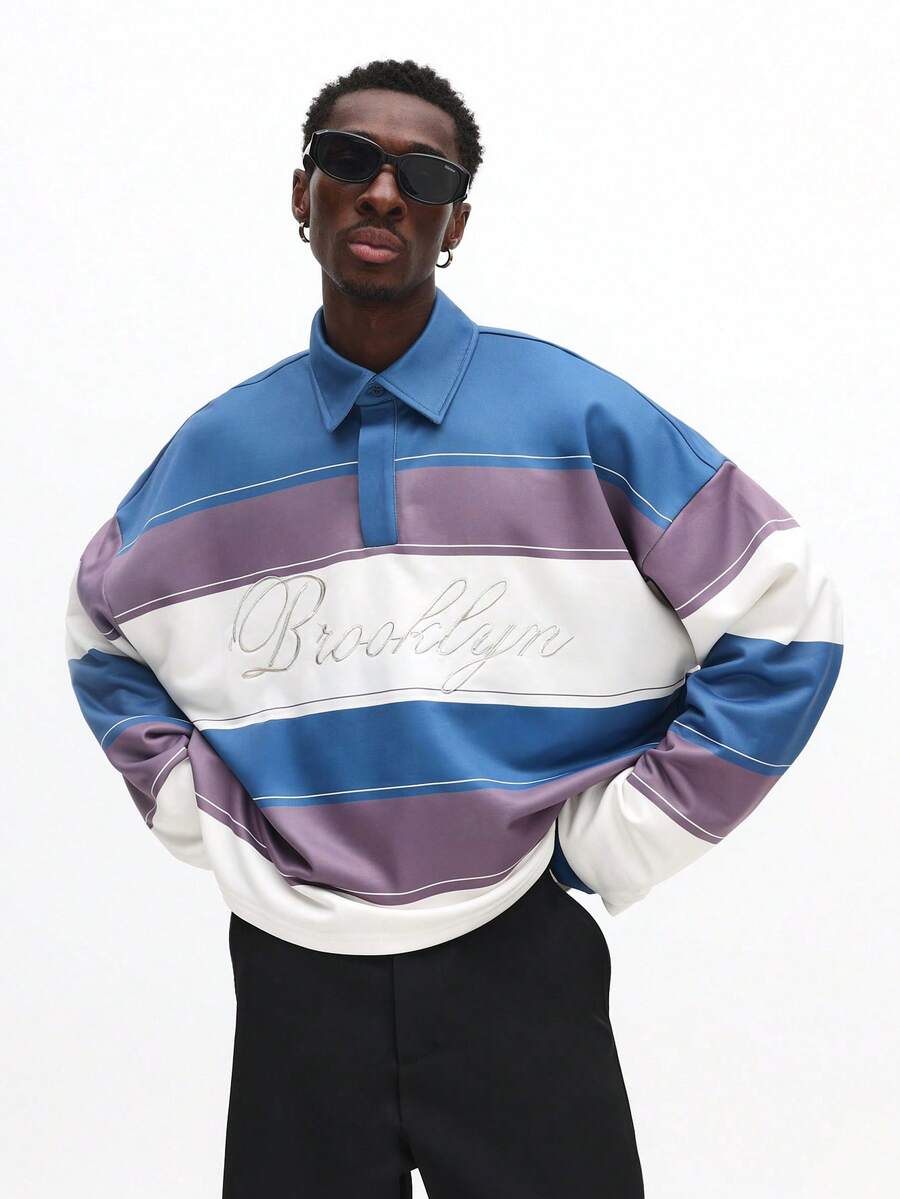 SUMWON Men's Regular Fit Horizontal Striped Rugby Polo With Embroidered Brooklyn Script Casual - Multicolor - View 1