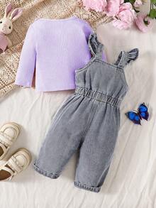 SHEIN Bộ áo liền quần denim xếp nếp cổ tròn tay dài màu trơn in hình trái tim cho bé gái - Màu tím - Xem 2