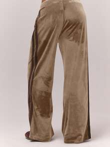 MUSERA Quần jogger ống rộng kẻ sọc bên hông, chất liệu nhung dày, cạp chun buộc dây, kiểu dáng cổ điển, dễ thương, phong cách đồng quê, nhà tranh, quần mặc nhà thoải mái cho nữ, màu caramel, quần jogger, quần thể thao mùa hè - màu nâu - Xem 4