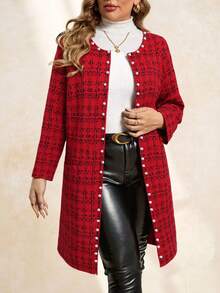 SHEIN Clasi Plus Size Women Winter Jacket, Faux Tweed Pattern, Front Open Long Sleeve, With Pearl Buttons And Pockets/Christmas - Red - View 4