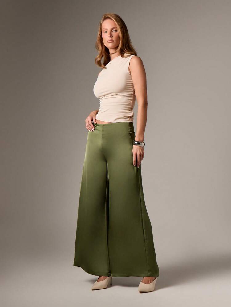 AiiRZ Calça Pantalona de Perna Larga para Mulheres, Cintura Alta, Fluida, Ajuste Folgado, Calça Casual com Cintura Elástica
