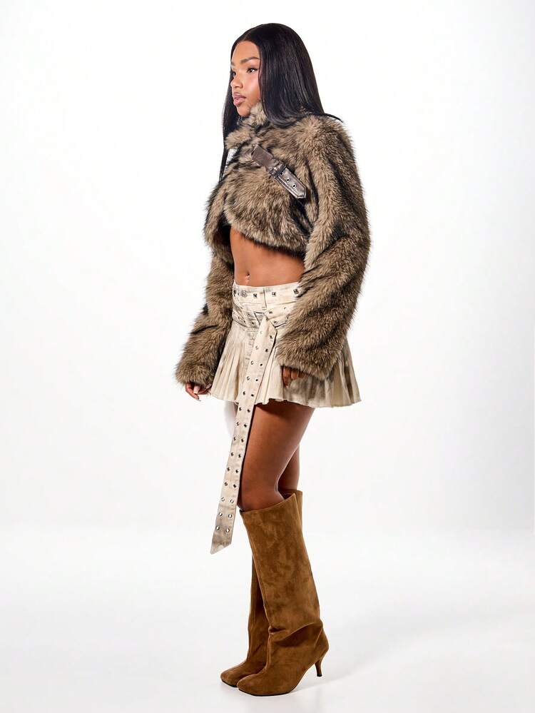 SUMWON WOMEN Cropped Faux Fur Jacket With Leather Straps