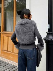 SHEIN EZwear Fashionable Street Style Women's Dark Grey Faux Fur Zip-Up Long Sleeve Jacket, Autumn Clothing,Fall,Fall Clothes For Women - Dark Grey - View 2