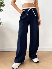 SHEIN EZwear Women's Navy Blue Patchwork Casual Pants, Women's Spring/Autumn Casual Drawstring Pocket Wide Leg Navy Blue Loose Trousers, Casual Daily Wear - Navy Blue - View 3