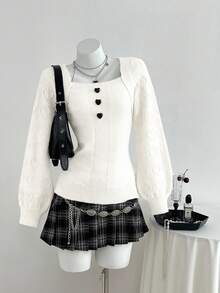 Elamini 可爱心形休闲百搭女式毛衣 - 米色 - 查看 5