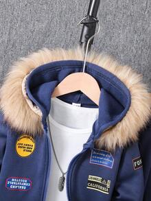 SHEIN 2 件套年轻男孩标语印花拉链连帽运动衫和运动裤休闲装，秋冬 - 藍色 - 查看 3