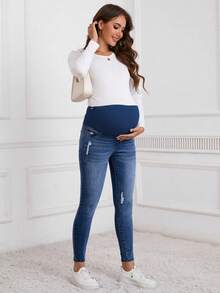 SHEIN Winter Maternity Casual Washed Distressed Skinny Jeans - Dark Wash - View 4
