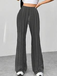 SHEIN Unity Women High Waist Minimalist Houndstooth Flare Leg Pants, Casual For Everyday Wear Fall Cloth For Women - Black and White - View 3