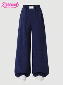 SHEIN Explorewe Tween Girls' Casual Loose Wide Leg Pants With Woven Label Accent Fall Winter