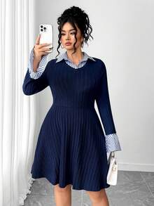 Elenzga Plus Size Elegant Collared Long Sleeve Ribbed Patchwork Knit Dress - Navy Blue - View 5