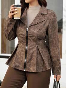 Vionelle Plus Size Women's French Style Casual V-Neck Long Sleeve Faux Leather Jacket, Autumn/Winter - Brown - View 3