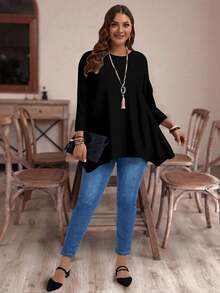 大码女式休闲黑色纯色不对称下摆圆领宽松T恤，适合夜间外出、教师秋季穿着，大码黑色上衣，大码休闲上衣，春夏度假款 - 彩色 - 查看 3