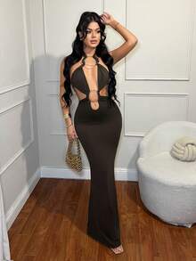 SHEIN SXY 性感夜店镂空咖啡棕色连衣裙 - 咖啡棕 - 查看 6