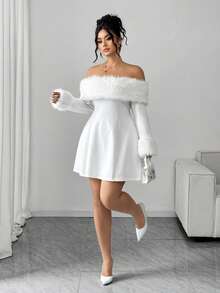 Elenzga Plus Size Women's Elegant Faux Fur Collar Dress, Suitable For Valentine's Day, Holidays, New Year's Party, Wedding, Christmas - White - View 6