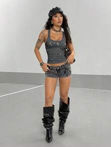 StreetHx Women's Punk Studded Square Neck Cropped Fitted Tank Top