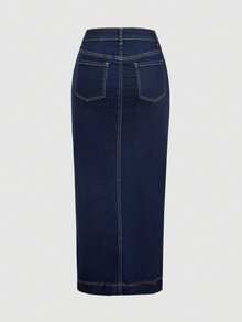 Sweetra Fashionable Casual Elegant Asymmetric Waist Slit Denim Skirt - Dark Wash - View 2