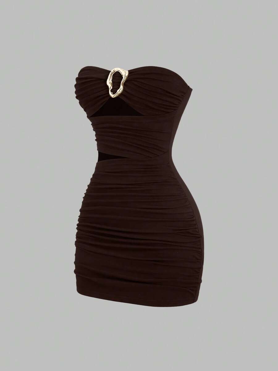 Sweetra Váy ngắn hở lưng gợi cảm khóa kim loại cho nữ - Màu nâu  Mocha - Xem 1