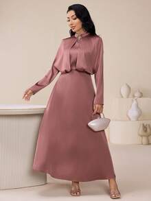 Veilorie Damen einfarbiges minimalistisches Langarm-Abaya-Kleid, Alltagskleidung - Pink - Übersicht 4
