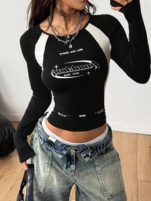 Coolane 女式冬季/秋季街头休闲比赛日返校休闲棉质撞色深蓝色圆领长袖T恤 - 黑色 - 查看 5