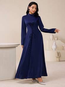 Veilorie Women's Solid Color Stand Collar Long Sleeve Waist Tie Design Elegant Arabic Dress - Blue - View 3