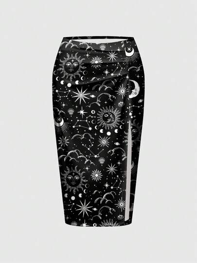 Goth Plus Size Dark Sun, Moon & Star Print High Slit Skirt