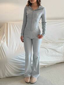 SHEIN 少女两件套：灰色连帽罗纹针织短款开衫和喇叭裤，休闲街头装 - 灰色 - 查看 5