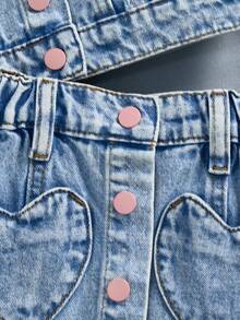 SHEIN 2pcs/Set Young Girl' Blue Denim & Pink Button Collar Long Sleeve Short Jacket And Mini Skirt - Light Wash - View 4