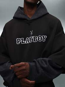 PLAYBOY X SUMWON Oversized Pullover Hoodie With Drawstring Hood And Centre Pocket Casual Streetwear Sweatshirt - Black - View 3
